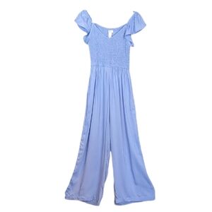 Japna Blue Smocked Wide Leg Jumpsuit XS Flutter Sleeve Pockets Boho Cottagecore